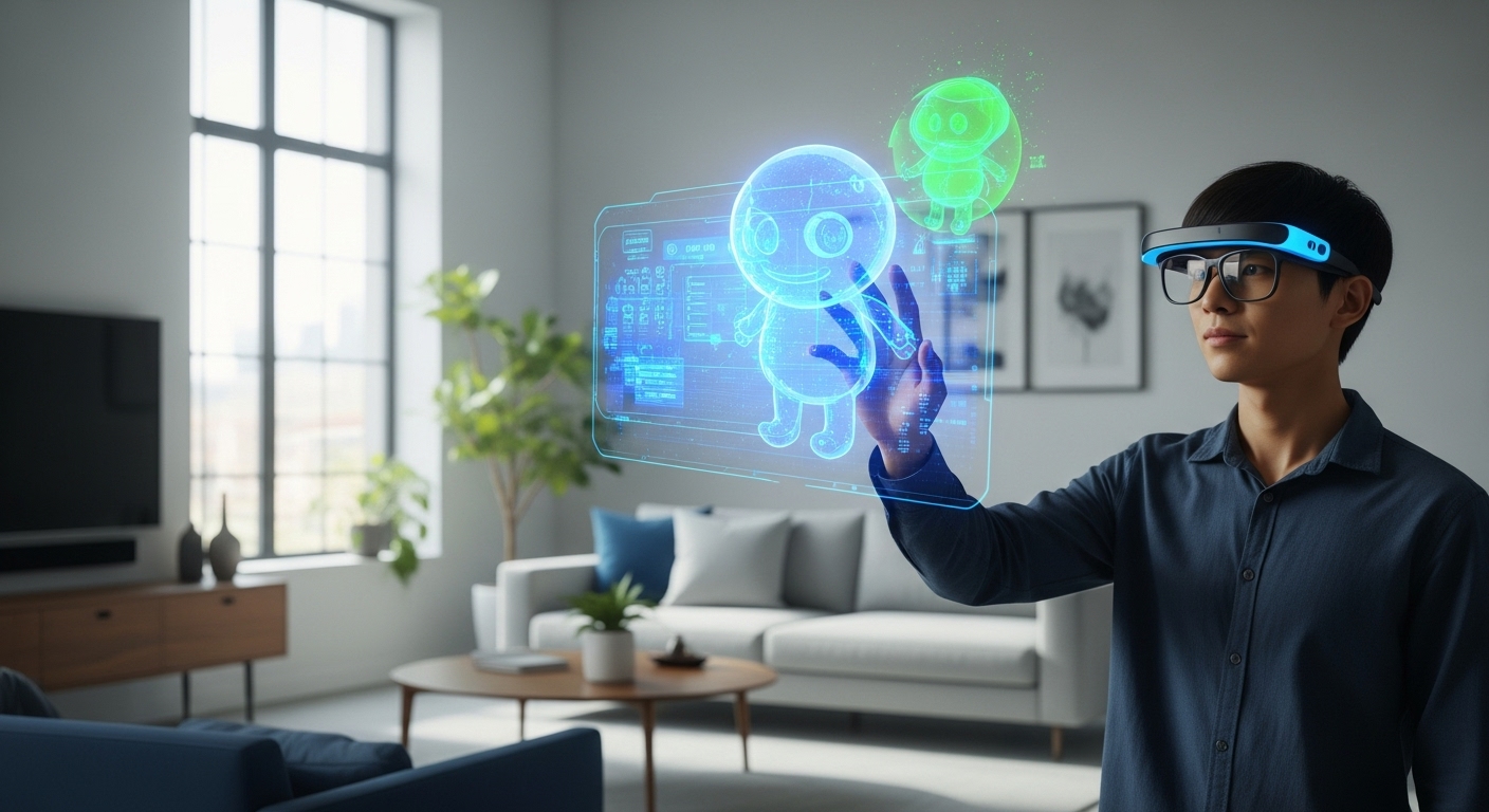 제미나이 AI 글라스를 통해 가상 캐릭터와 현실 공간에서 상호작용하는 모습. AR/XR 기술이 일상에 통합된 미래 경험을 보여줍니다.