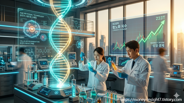 황혼의 황금빛 조명이 비추는 미래지향적인 항노화 연구소에서 두 명의 한국인 연구원(여성과 남성)이 흰 가운을 입고 홀로그램 DNA 이중 나선 구조를 중심으로 실험에 집중하고 있다. 여성 연구원은 스포이트로 투명한 비커에 액체를 떨어뜨리고 있고, 남성 연구원은 노란색 액체가 담긴 플라스크를 세밀히 관찰하고 있다. 주변에는 세포 구조와 분자식이 그려진 홀로그램 디스플레이가 떠 있으며, 배경의 대형 스크린에는 'KOSPI 항노화 지수', 'LONGEVITY ECONOMY', '223T', 'MARKET BOOM', '성장 경제'라는 문구와 함께 우상향하는 주식 차트가 실시간으로 그래프를 그리며 상승하고 있다. 테이블 위에는 다양한 크기의 플라스크, 시험관, 비커 등 최신 실험 장비들이 가득하며, 창밖으로는 도시의 스카이라인이 펼쳐져 있다. 영화 같은 색감과 사실적인 질감이 돋보이는 전문적인 금융 블로그 썸네일 스타일의 이미지이다.