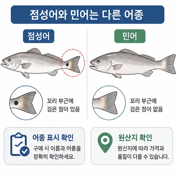 점성어와 민어는 서로 다른 어종이므로 구입할 때 외형과 어종 표시, 원산지를 확인해야 함을 보여주는 그림