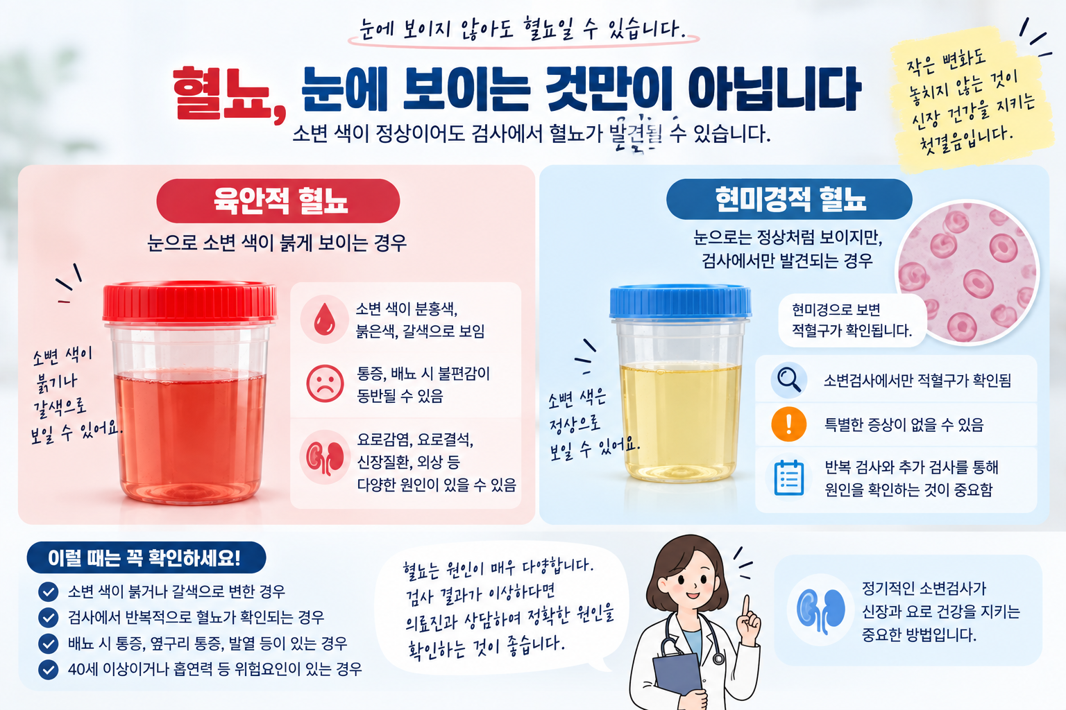 눈에 보이는 혈뇨와 현미경적 혈뇨를 설명하는 그림