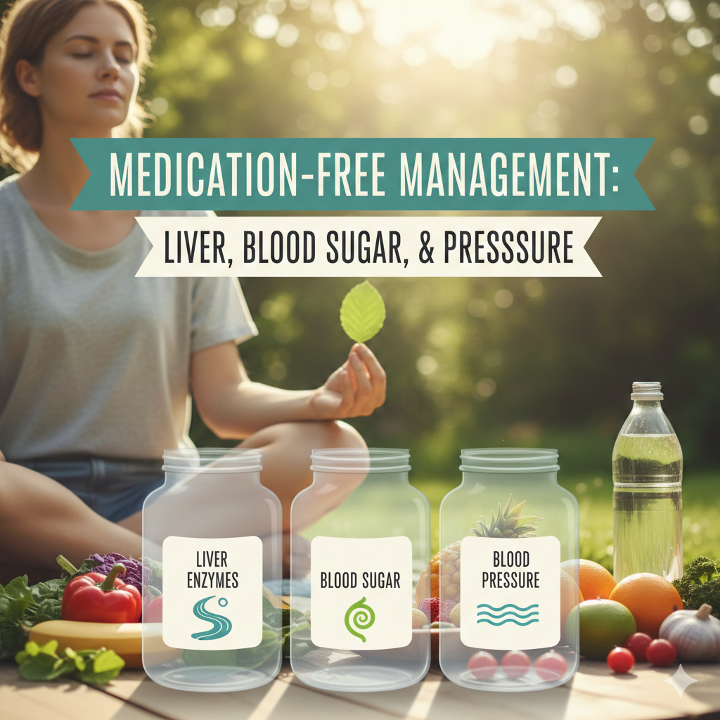 생활습관 개선으로 간수치·혈당·혈압 낮추기 포스터