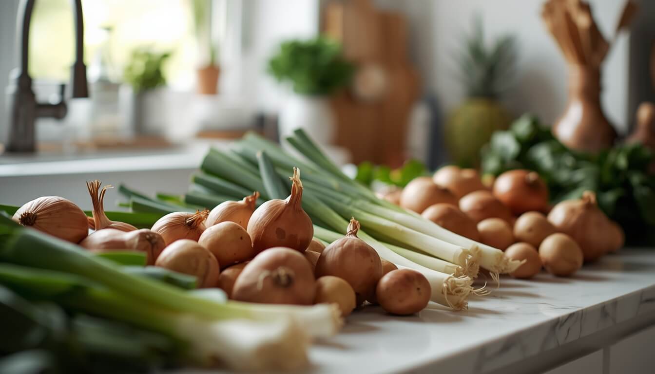 깨끗하게 정리된 양파, 감자, 대파 등 신선한 야채들