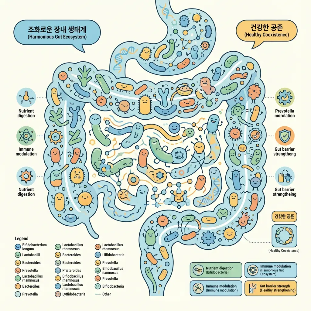 여러 종류의 미생물이 장 속에서 균형을 이루는 모습을 표현한 그래픽
