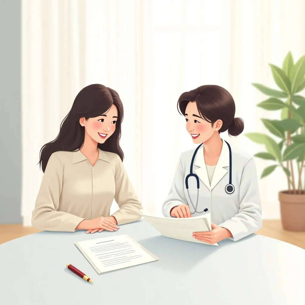 노인장기요양보험 등급 신청 절차 상담을 설명하는 이미지. 밝은 화이트 테이블에 앉아 서류를 함께 검토하는 한국인 중년 여성과 친절한 의료 상담사의 모습을 담은 2D 일러스트.