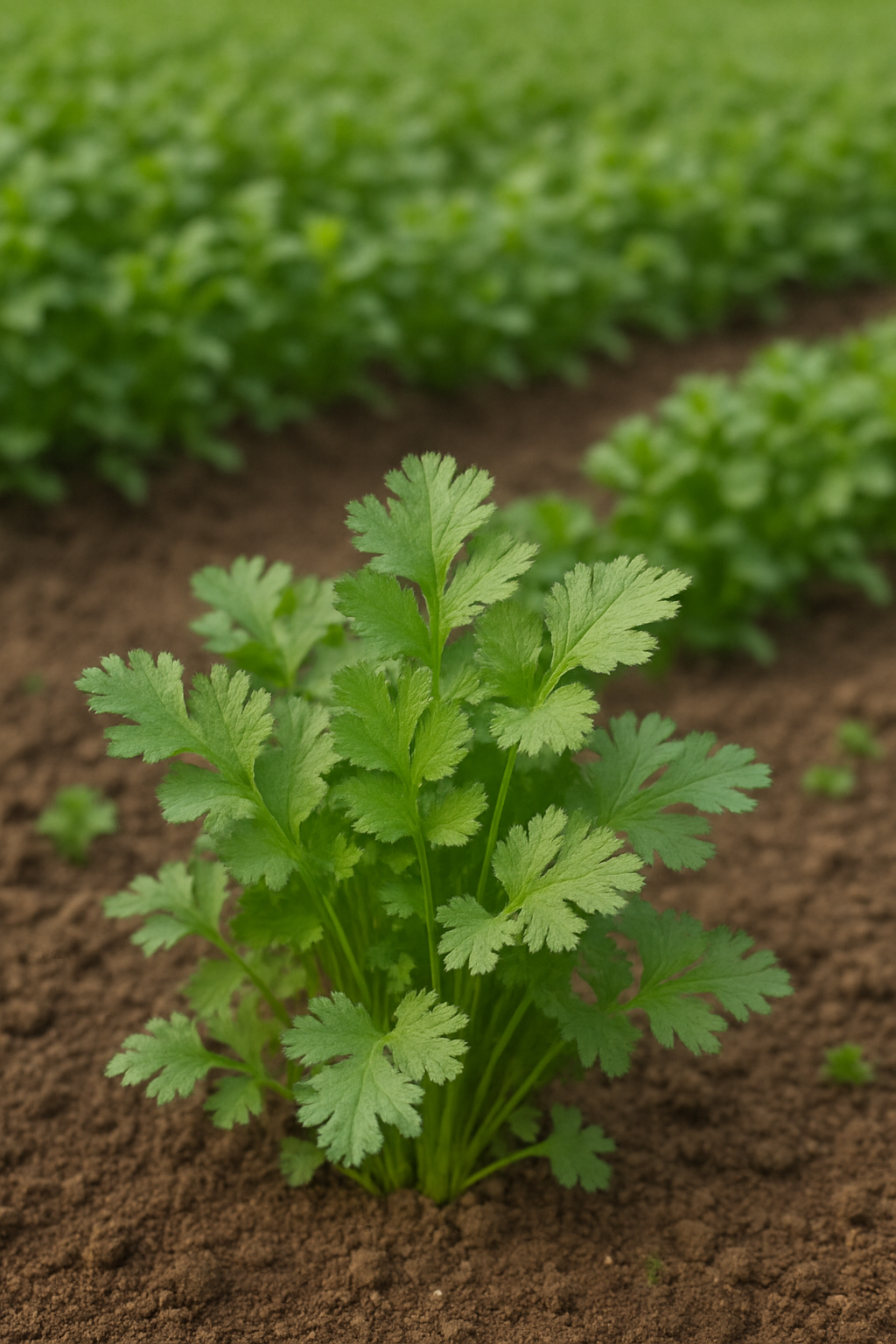 밭에서 자라는 싱그러운 고수 한 포기