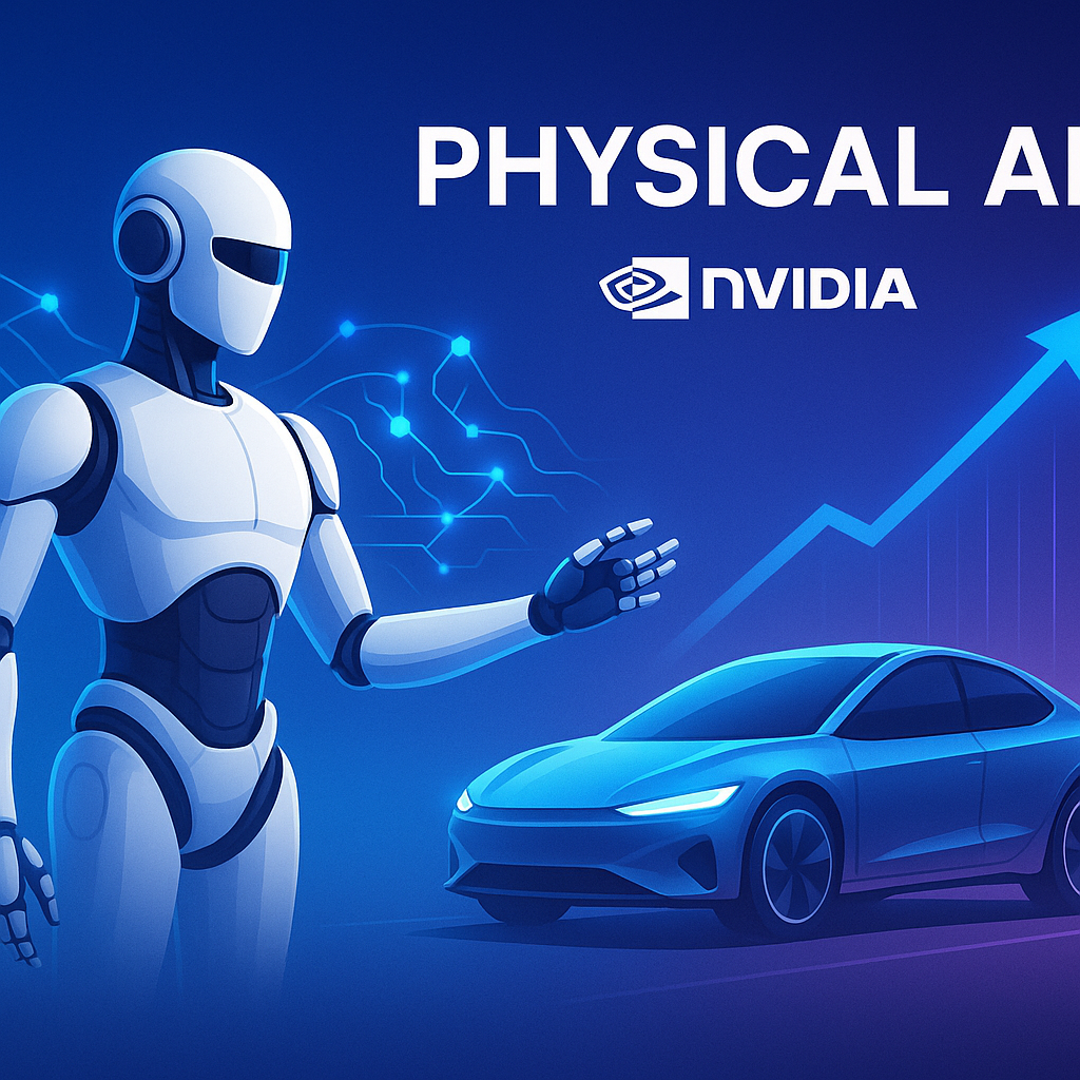 엔비디아가 주도하는 피지컬 AI 시대를 상징하는 로봇과 자율주행 차량이 함께 표현된 미래형 기술 이미지