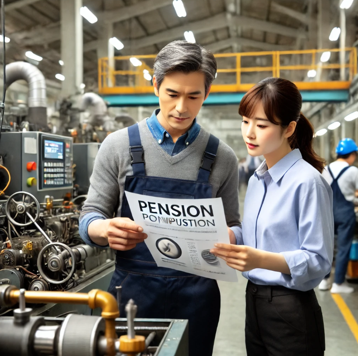 공장에서 연금 기여에 대해 논의하는 근로자