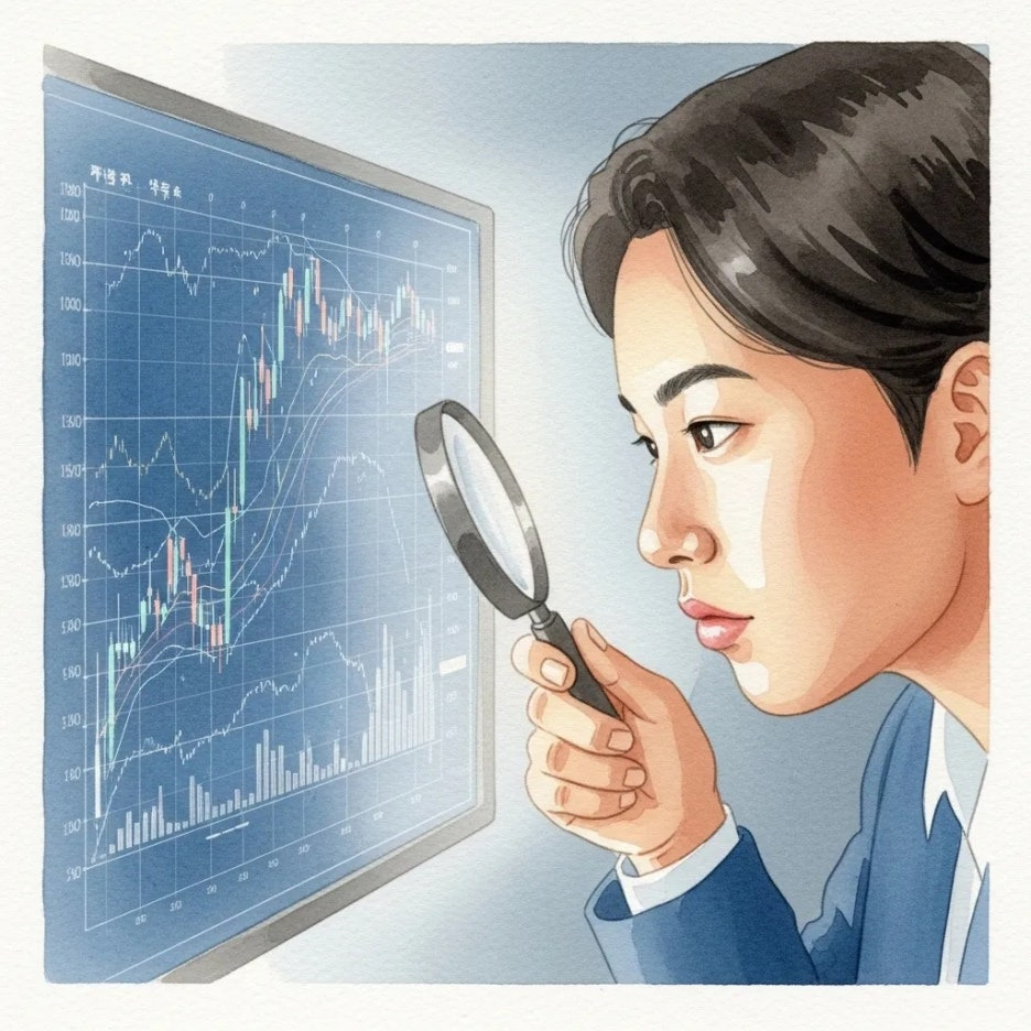 주식 차트를 돋보기로 신중하게 분석하는 사람