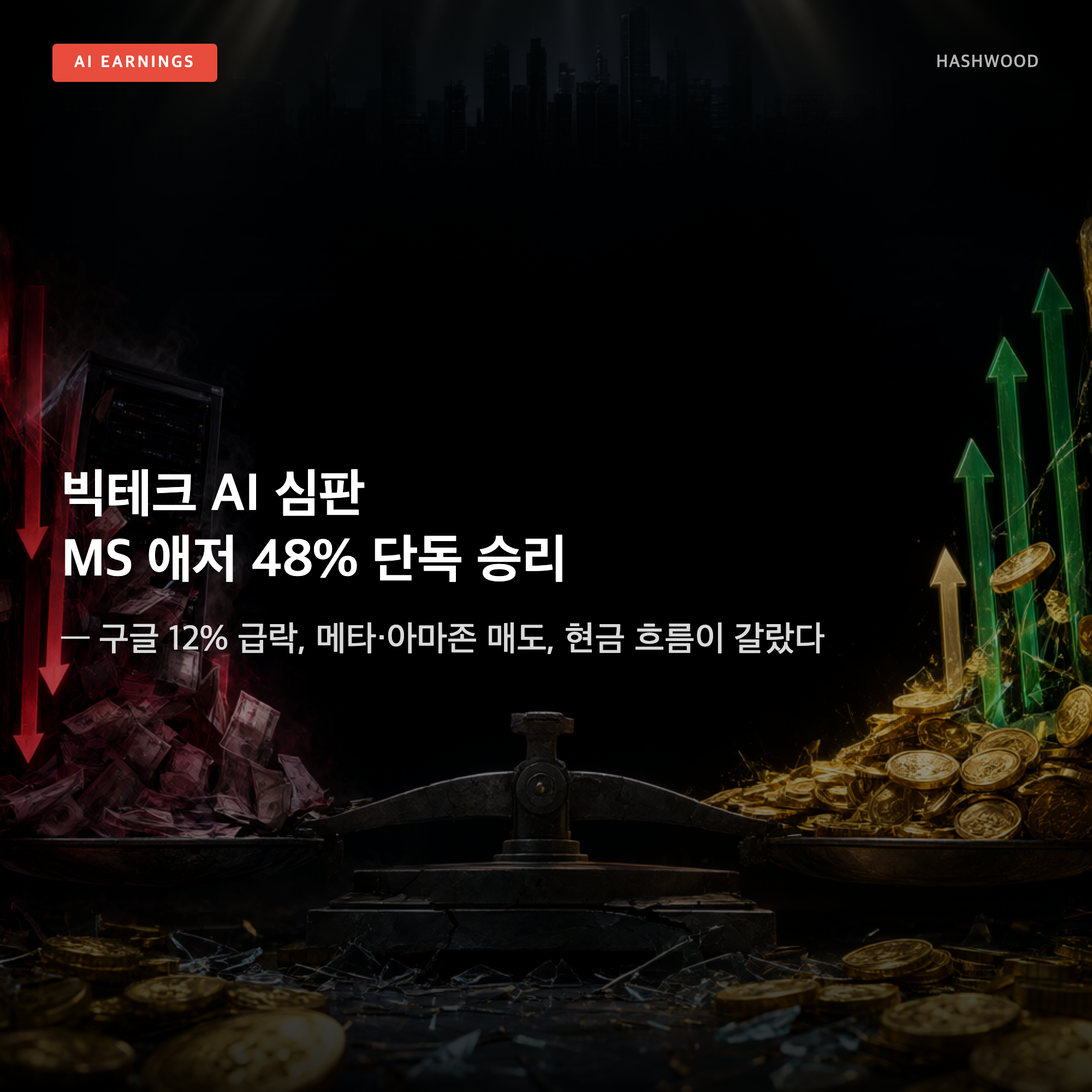 그림: 빅테크 AI 심판 MS 애저 48% 단독 승리 — — 구글 12% 급락, 메타·아마존 매도, 현금 흐름이 갈렸다