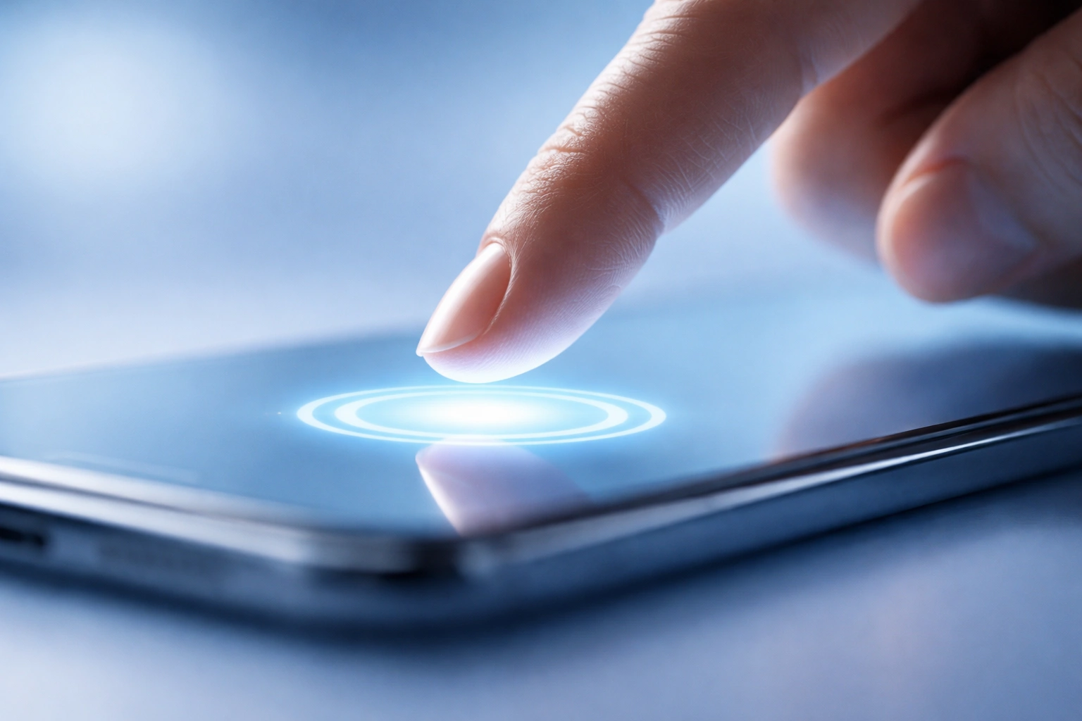손가락이 스마트폰 화면의 버튼을 누르는 순간을 강조한 이미지.