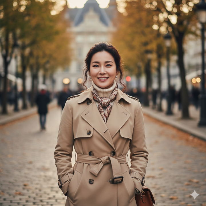 클래식한 트렌치코트와 기본 니트를 매치한 40대 여성 모델