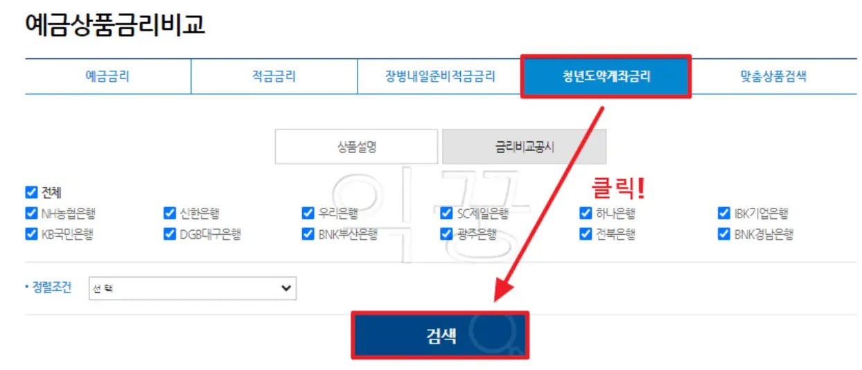 청년도약계좌 금리 항목 선택 후 모든 은행사 체크 후 하단의 검색 버튼 클릭
