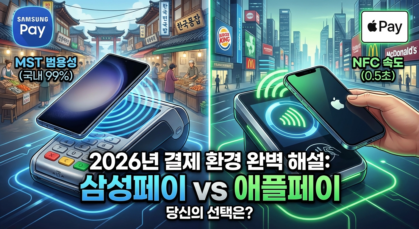 2026년 삼성페이(MST, 범용성 강조, 전통시장 배경)와 애플페이(NFC, 속도 강조, 미래 도시 배경)의 결제 방식을 비교하는 일러스트 썸네일 이미지. 중앙에 '2026년 결제 환경 완벽 해설: 삼성페이 vs 애플페이' 문구가 있음.