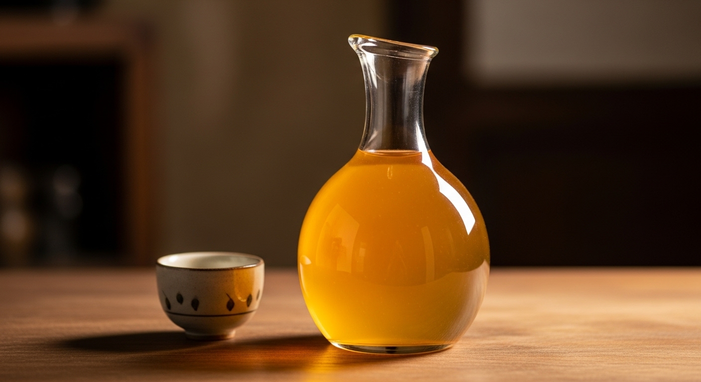 황금빛을 띠는 한국 전통 옻술 병과 작은 잔. 옻술의 역사와 숙련된 양조 기술을 보여줍니다.