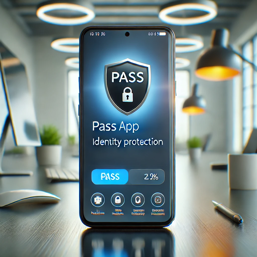스마트폰에 PASS 앱 명의도용 보호 알림이 표시된 현대적인 책상 위 장면
