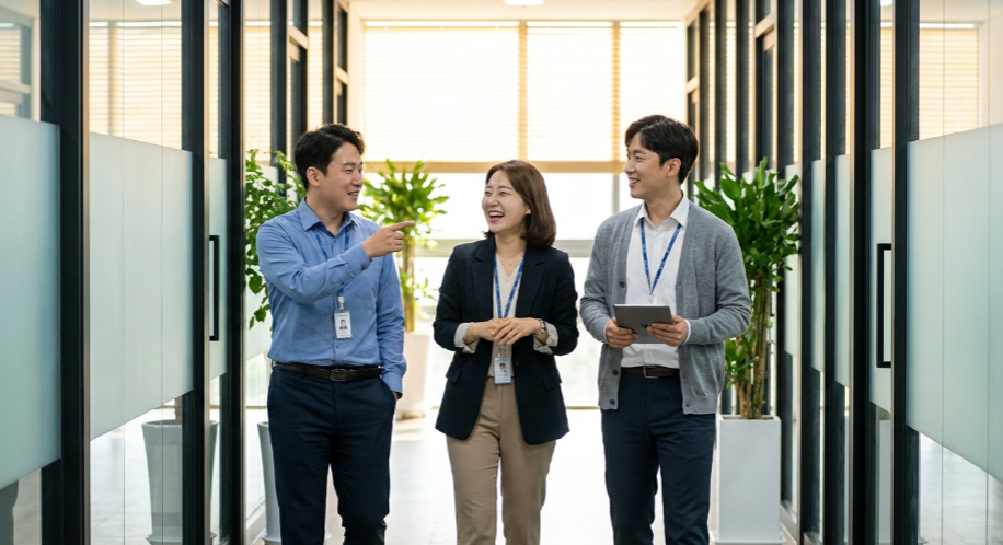 밝은 미래를 향해 함께 걸어가는 공무원 동료들