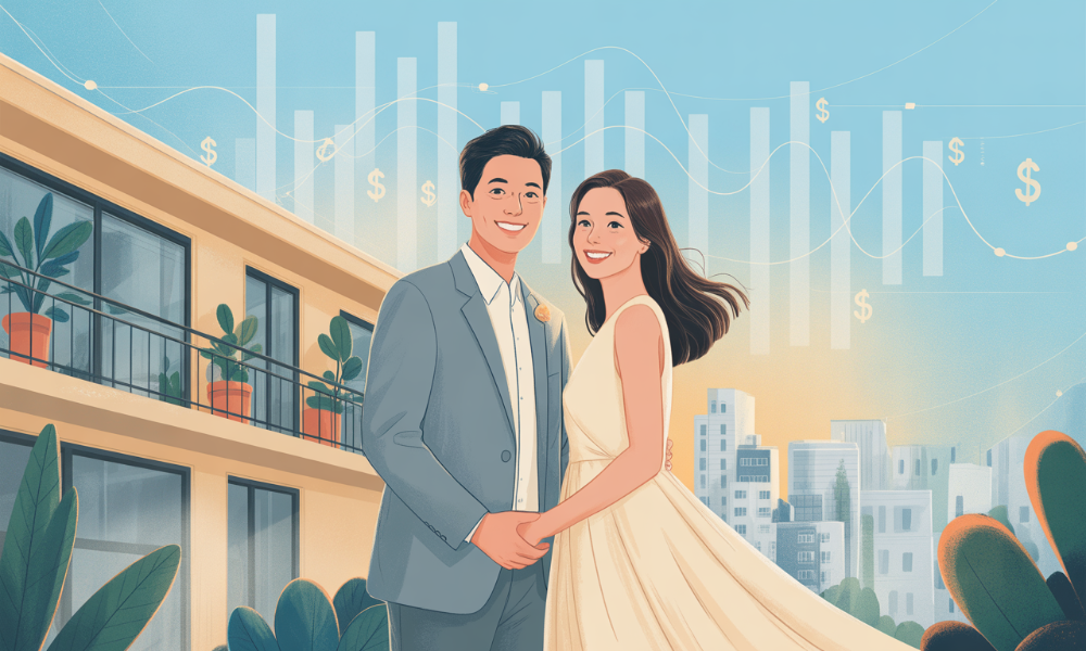 2025년 신혼부부 임차보증금 지원을 받아 행복하게 새로운 보금자리를 시작하는 젊은 부부의 모습.