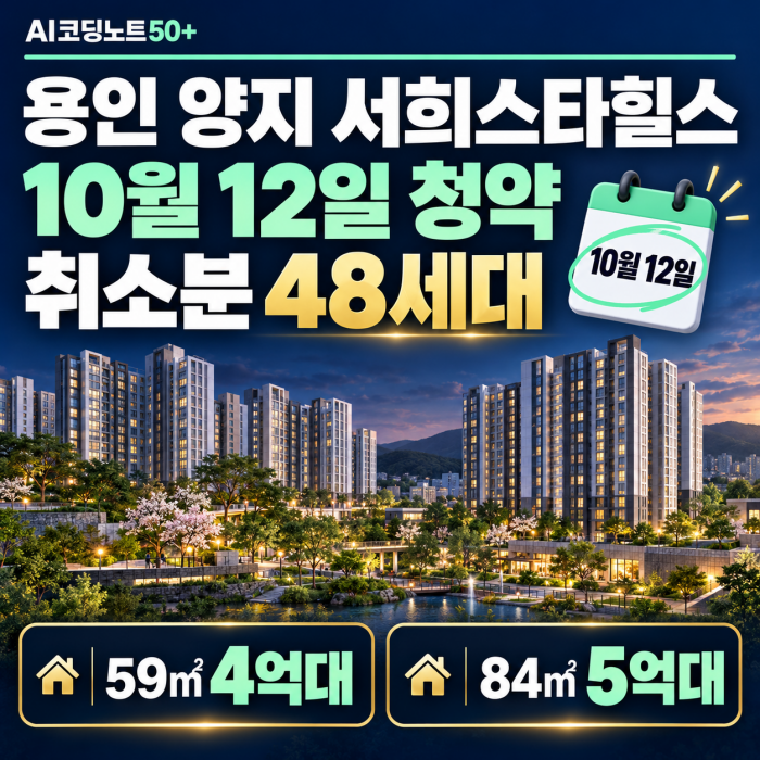2026 용인 양지 서희스타힐스 하이뷰 조합원 취소분 48세대 10월 12일 청약, 59㎡ 4억원대와 84㎡ 5억원대 분양가 안내