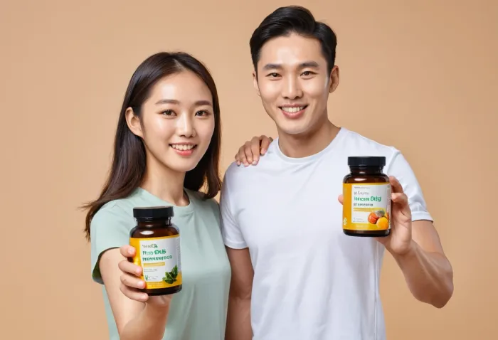 두 사람이 함께 면역력 높이는 영양제 다섯 가지를 보여주는 모습