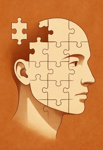 퍼즐 조각이 맞춰지며 사람 얼굴이 완성되는 이미지