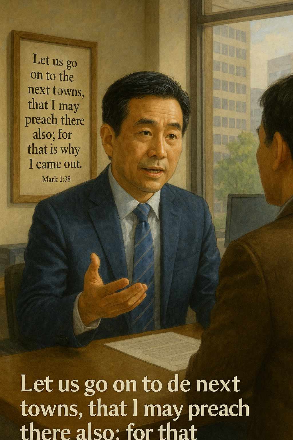 막1:38 말씀을 보며&amp;#44; 예수님께서는 당신이 이 땅에 오신 이유를 명확히 하시며 복음을 전파하는 일을 하셨는데&amp;#44; 저도 제가 이 땅에 있는 이유를 기억하며&amp;#44; 직장에서 만나는 사람마다 복음을 전하고 주님의 나라를 구하는 삶을 살아가려는 시도를 하는 모습입니다.