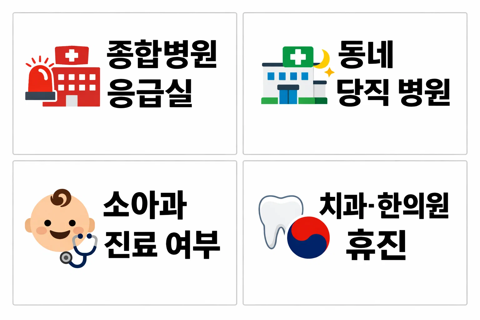 설 연휴 문 여는 병원을 종합병원 응급실과 동네 당직 병원으로 구분해 진료 가능 여부를 정리한 안내 이미지