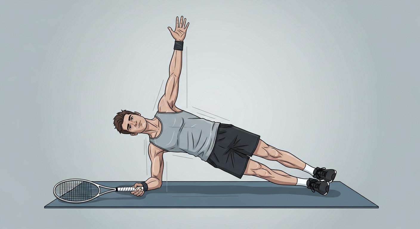 테니스 라켓 옆에서 플랭크 자세로 코어 근육을 강화하는 생활체육인의 모습. 안정적인 코어의 중요성을 상징합니다.