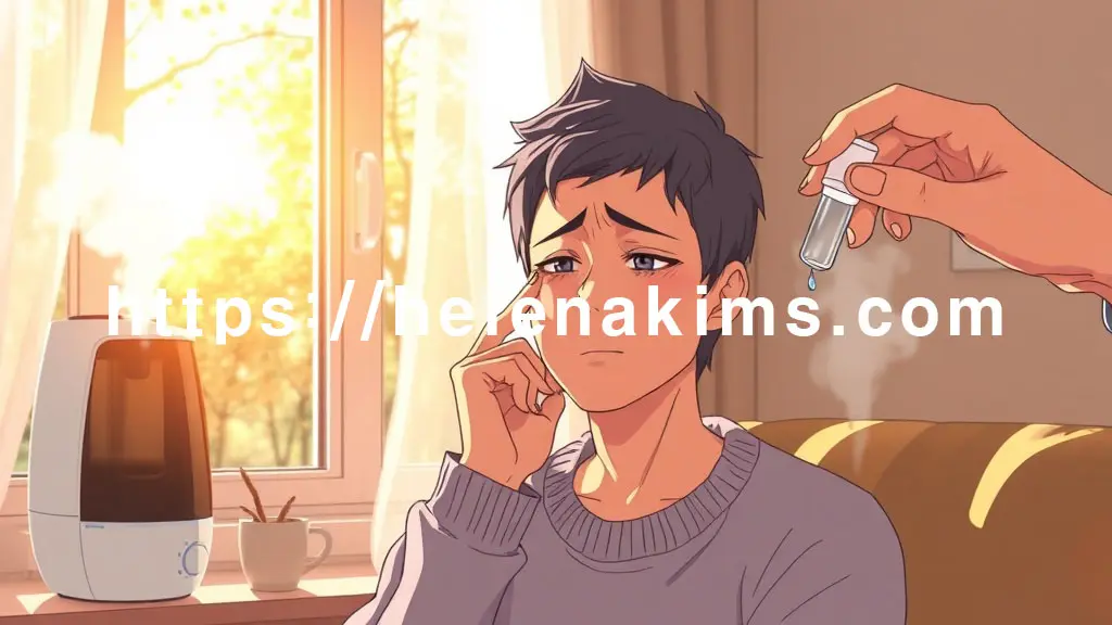 따스하지만 건조함이 느껴지는 가을 햇살이 비치는 창가. 남성이 살짝 눈을 찡그리거나 손으로 눈가를 지그시 누르는 모습으로 뻑뻑함과 불편함을 표현하는 모습.