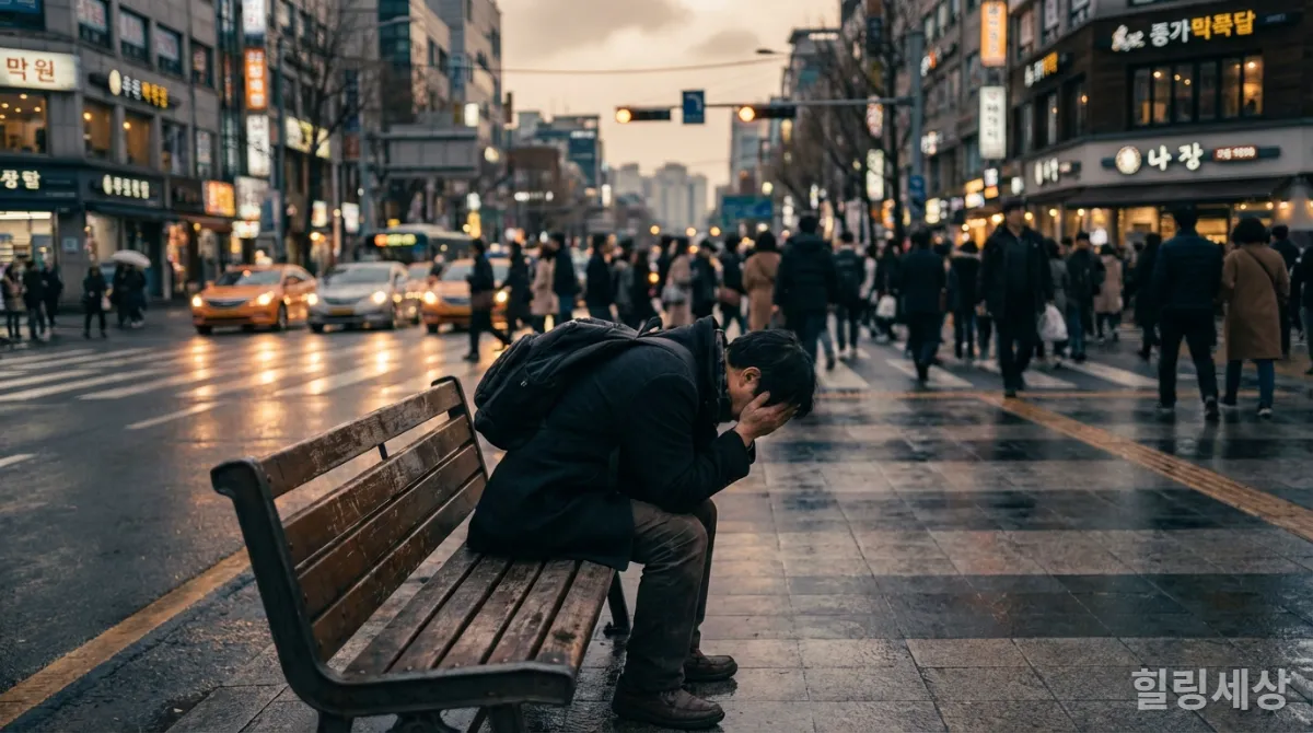 도시의 번잡함 속에서 머리를 감싸 쥐고 스트레스 받는 사람의 모습