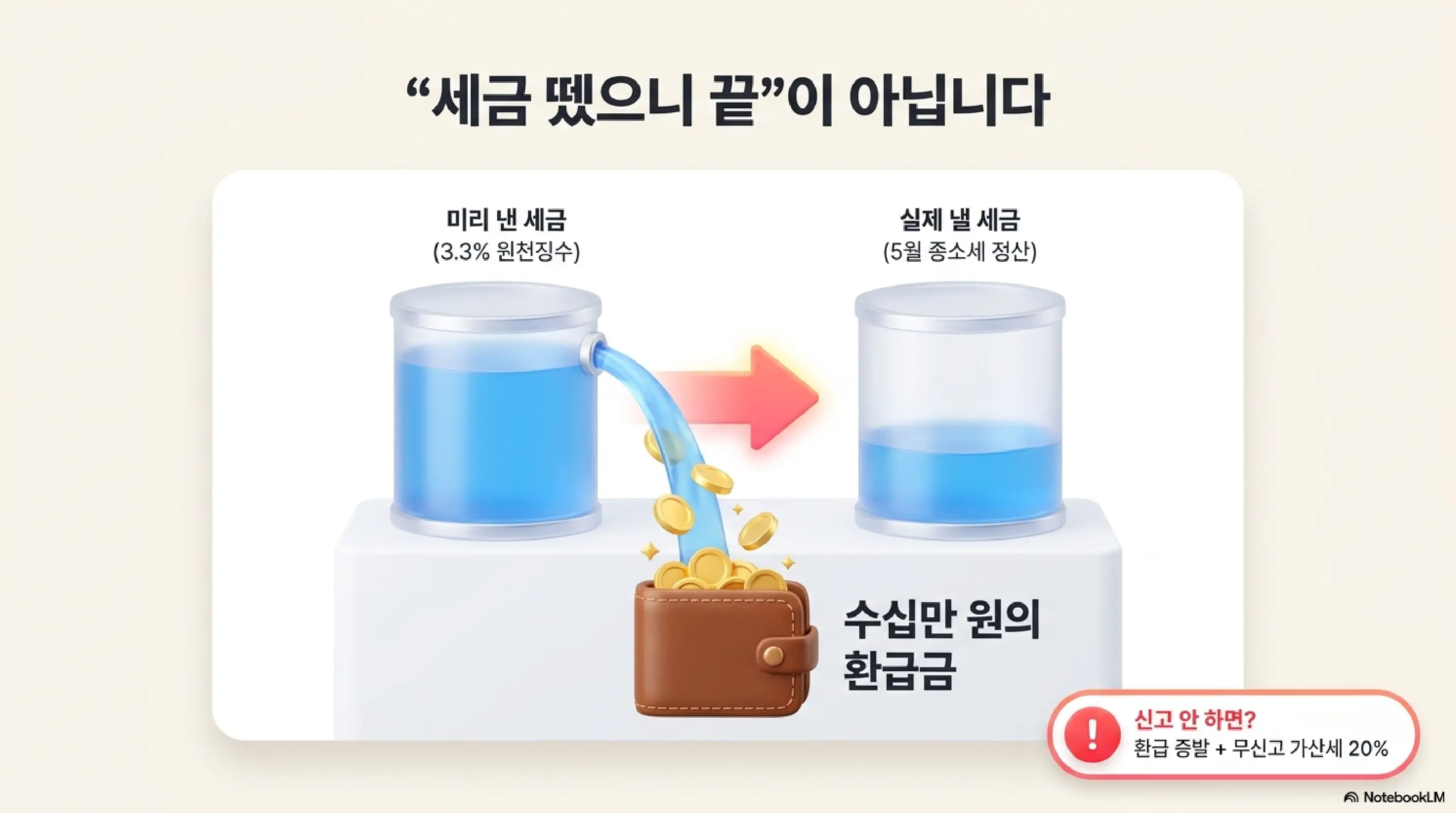 배달라이더 종합소득세 신고:: 배달라이더 3.3% 원천징수와 종합소득세 환급 구조를 비커 그림으로 설명하는 인포그래픽. 미리 낸 세금(3.3% 원천징수)이 실제 낼 세금(5월 종소세 정산)보다 많으면 수십만 원의 환급금이 발생하고 신고 안 하면 환급 증발과 무신고 가산세 20%가 부과됨을 시각적으로 전달하는 이미지