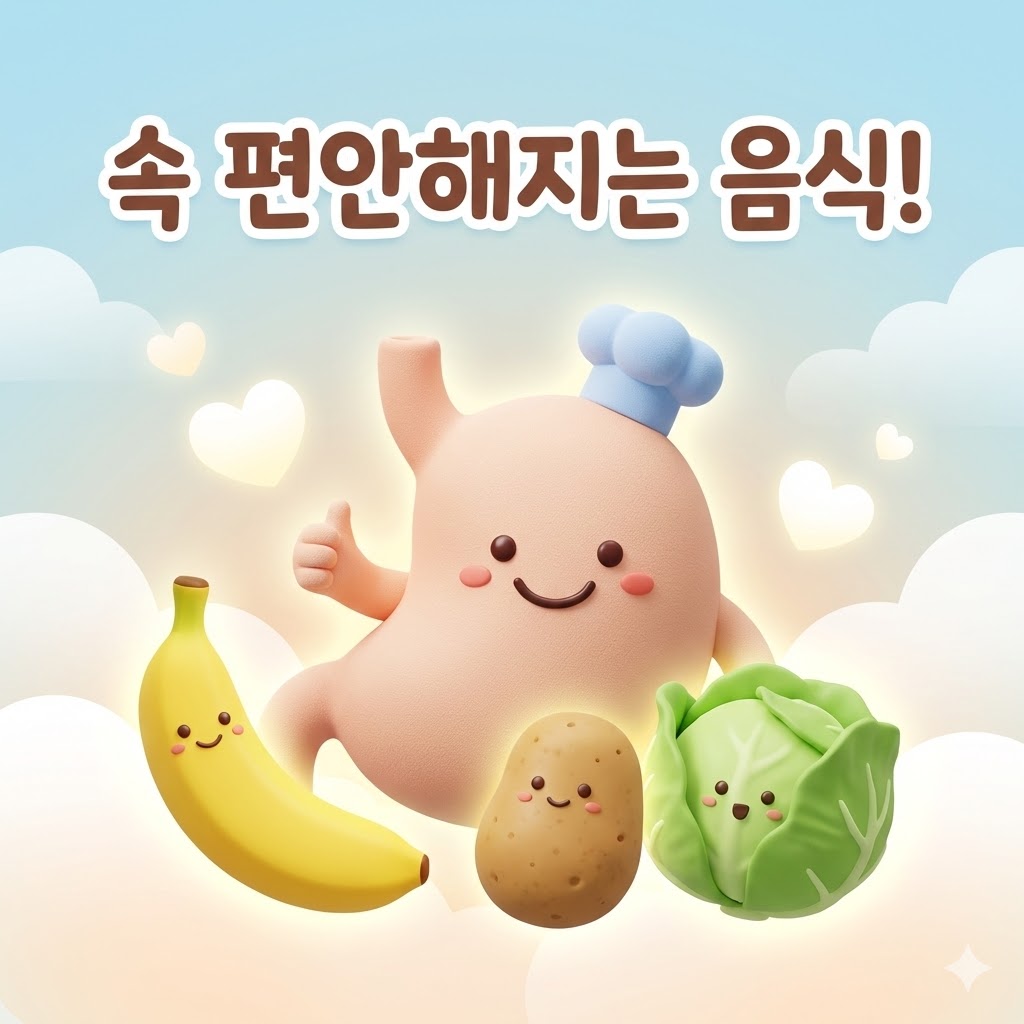 웃는 위 캐릭터가 엄지를 들고 양배추, 감자, 바나나 등 역류성식도염에 좋은 음식들에 둘러싸인 귀여운 3D 카툰 일러스트. '속 편안해지는 음식!' 문구가 강조됨.