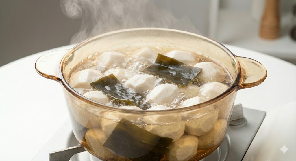 다시마의 알긴산 성분이 토란의 독성을 중화하고 영양 흡수율을 200% 높이는 천연 시너지 조리법