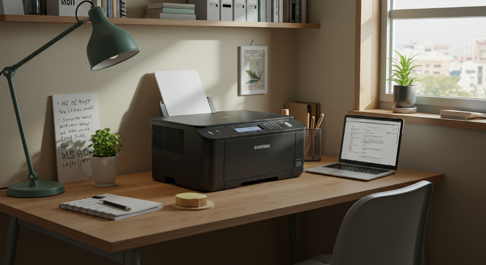 2025년 소형 레이저프린터, 좁은 공간에 최적화된 컴팩트 디자인과 효율적인 기능성을 강조하는 모습. 현대적인 홈오피스나 원룸에서 깔끔하게 배치된 프린터와 노트북, 작은 식물들이 어우러진 장면.