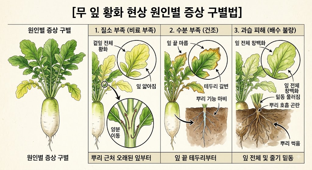 질소 부족, 수분 부족, 과습 피해에 따른 무 잎의 노란색 변화 패턴을 시각적으로 비교한 인포그래픽