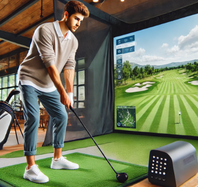 초보 골퍼 스크린골프 치는 사진