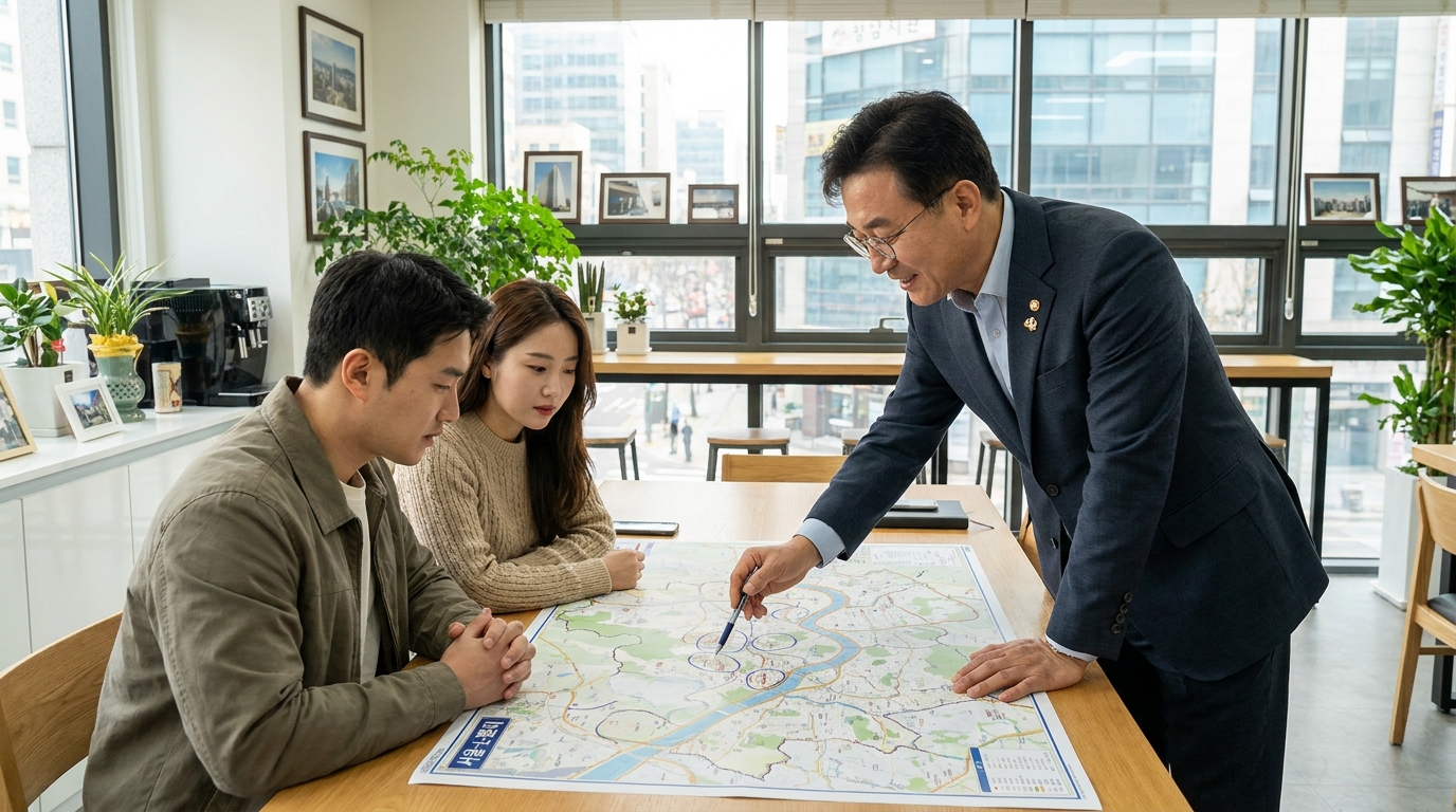 부동산 시장 지도를 보며 투자 상담을 받는 한국인 부부와 공인중개사