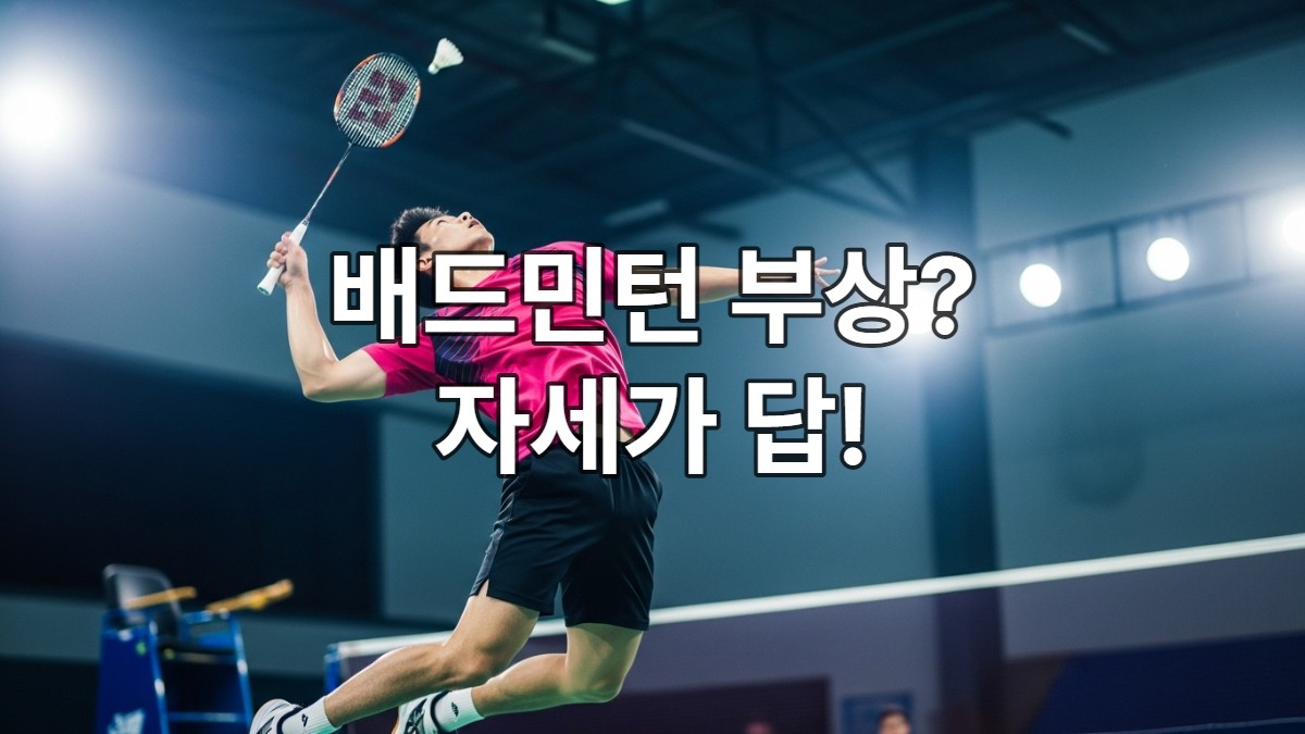 코트 위에서 올바른 자세로 강력한 오버헤드 스매시를 하고 있는 배드민턴 선수. 어깨와 발목 부상 예방을 위한 완벽한 기술을 보여줍니다.