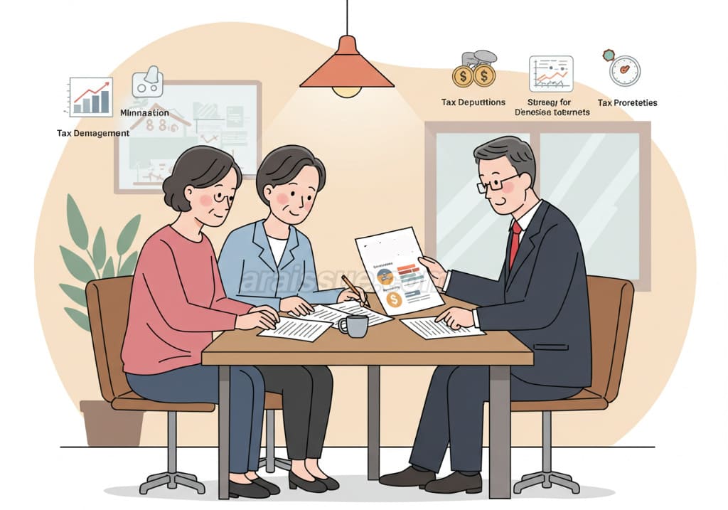 치매 환자와 가족을 위한 자산 관리 및 세금 전략을 설명하는 금융 상담 장면. 세금 공제와 세금 우대 혜택을 검토하는 한국 중년 부부와 금융 상담사입니다.