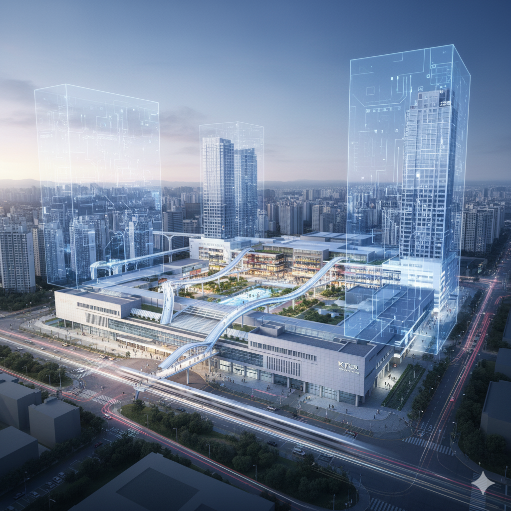 현재 KTX 천안아산역의 모습과 함께 그 위에 미래 개발 계획이 오버랩되는 듯한 이미지