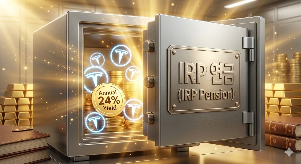 퇴직연금(IRP)이라는 튼튼한 금고 안에 '테슬라 로고'와 '연 24% 이자'가 가득 담겨 있는 모습