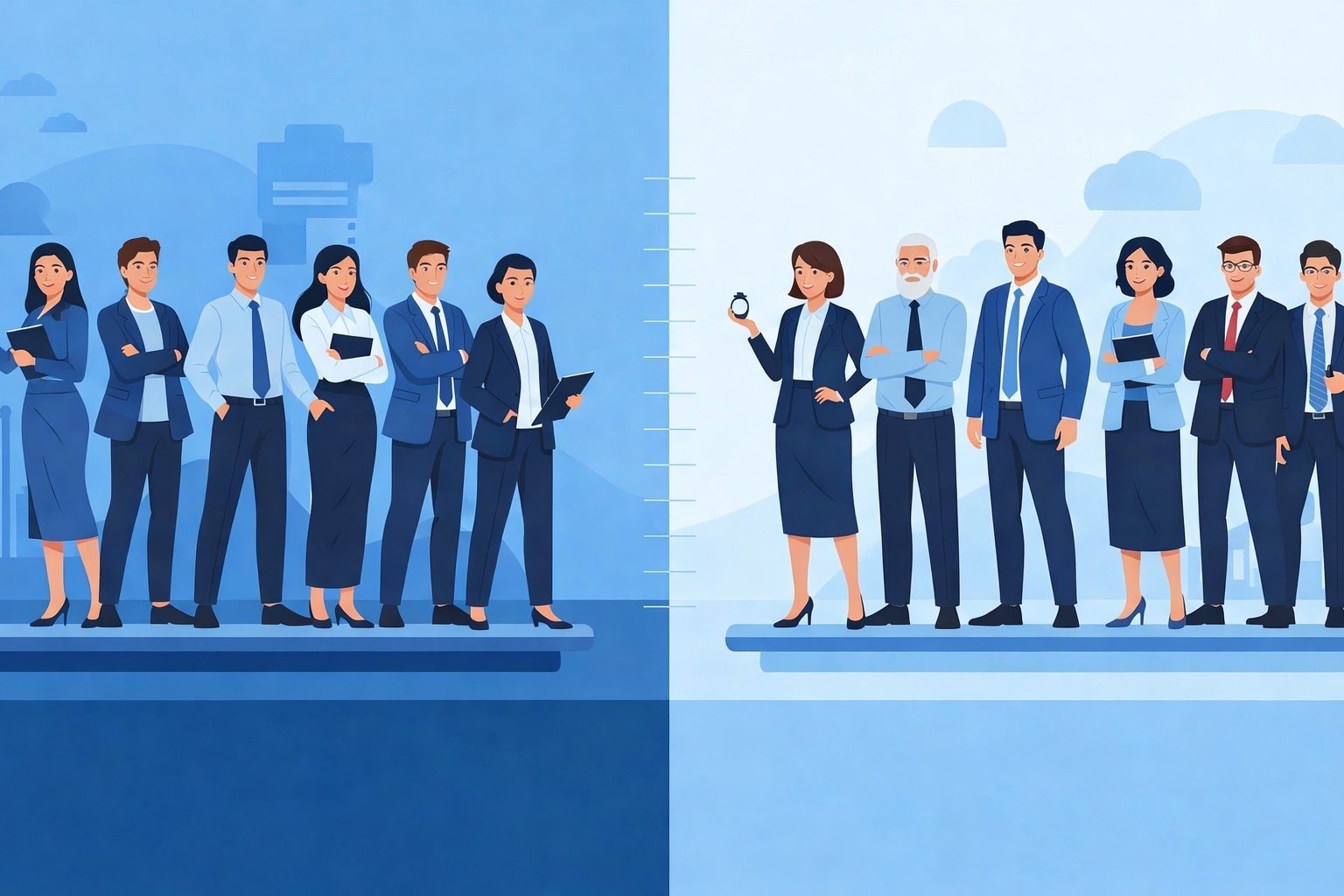 신진 연구인력과 고경력 연구인력의 상이한 자격 요건을 시각적으로 구분하여 보여주는 두 그룹의 연구자들.