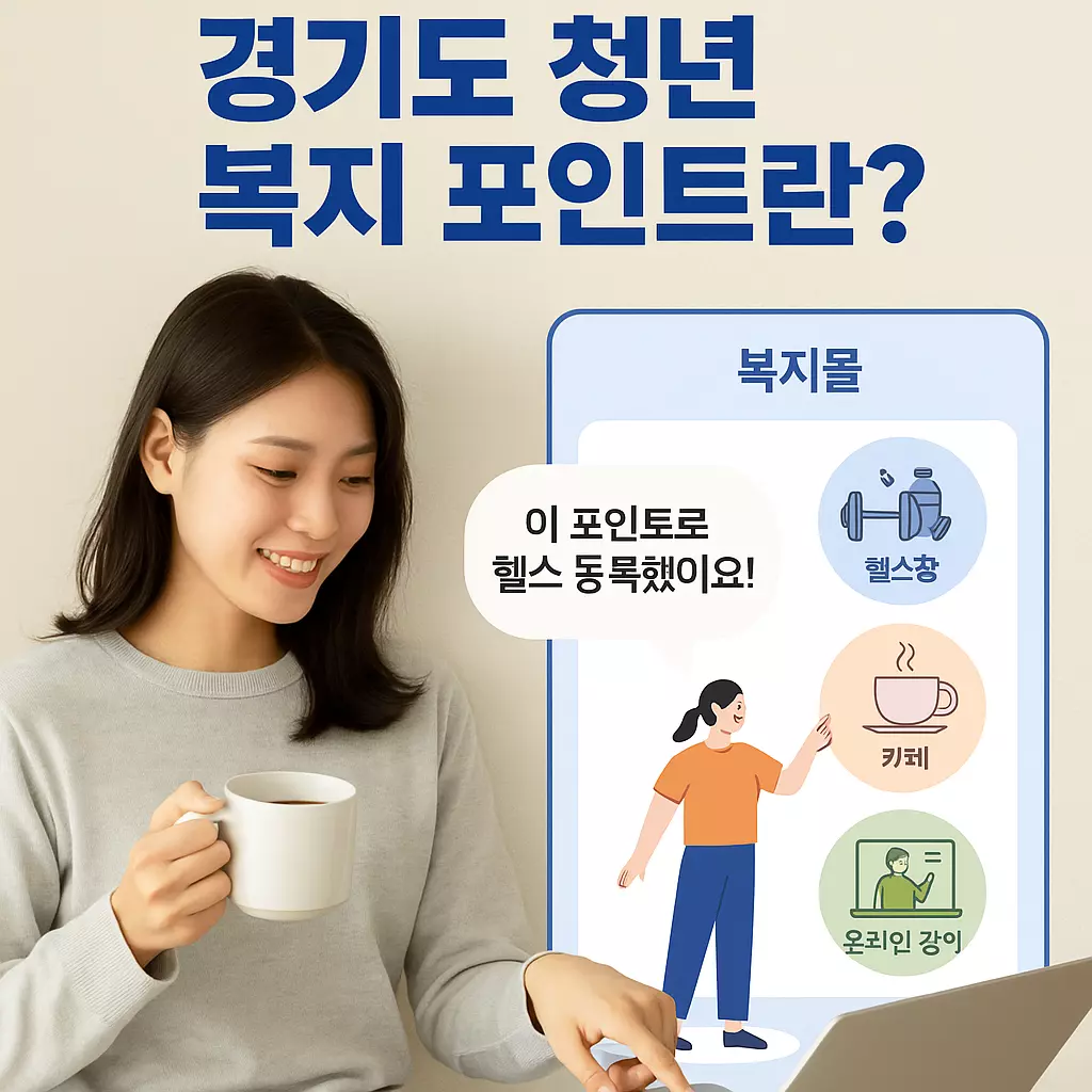 경기도 청년 복지 포인트란? 이라는 문구와 함께 커피를 마시며 복지몰 화면을 보는 여성, 헬스장&middot;카페&middot;온라인강의 사용 예시 포함