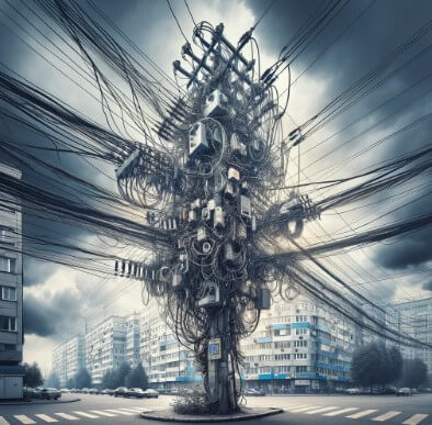 전선이 복잡하게 얽힌 전신주