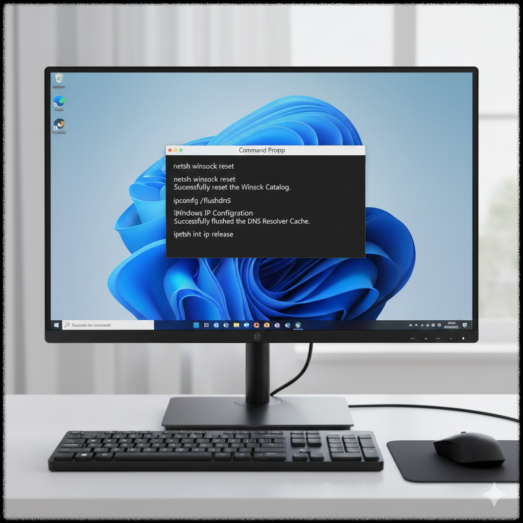 윈도우 11 명령 프롬프트에서 네트워크 초기화 명령어를 실행하는 화면