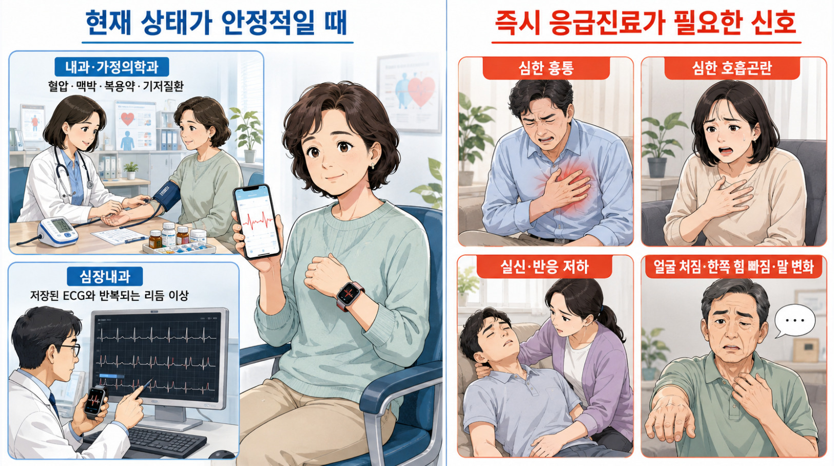 스마트워치 부정맥 알림 시 안정적인 경우의 진료과와 즉시 응급진료가 필요한 증상