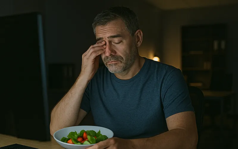 장시간 근무로 피로해진 40대 남성의 사무실 모습