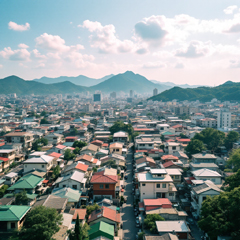 산을 배경으로 한 주택가 전경과 구름 낀 하늘