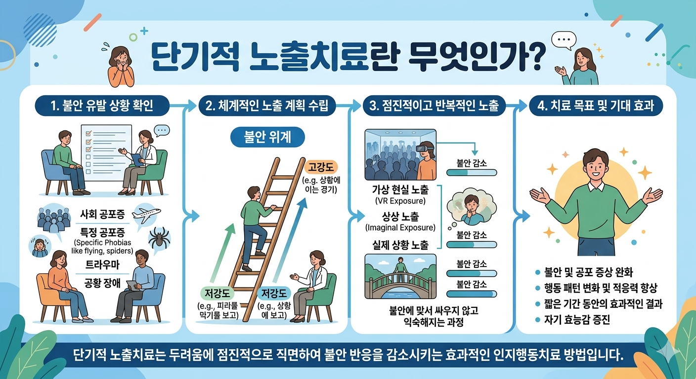 단기적 노출치료는 두려움에 점진적으로 직면하여 불안 반응을 감소시키는 효과적인 인지행동치료방법중 하나이다.