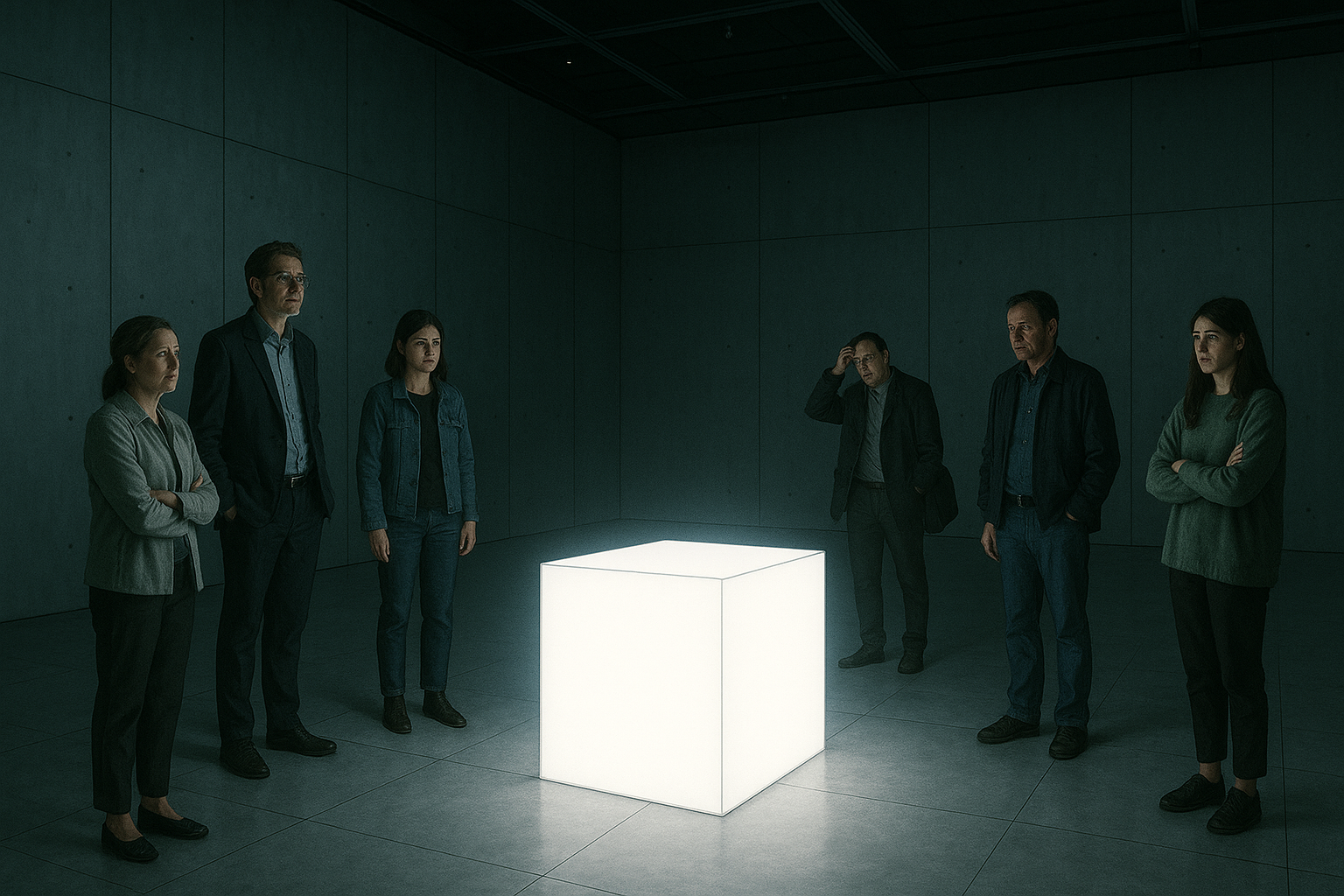 정중앙에 빛나는 네모난 전시 공간이 놓여 있고, 주변 관람객들은 서로 다른 표정으로 작품을 바라보며 서 있는 모습