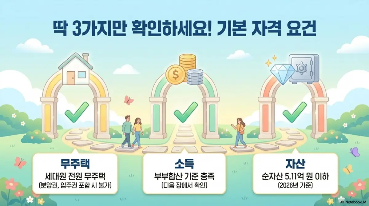 디딤돌대출 기본 자격 요건 세 가지를 아치문으로 표현한 이미지. 세대원 전원 무주택, 부부합산 소득 기준 충족, 순자산 5.11억 원 이하라는 핵심 조건을 시각적으로 설명함